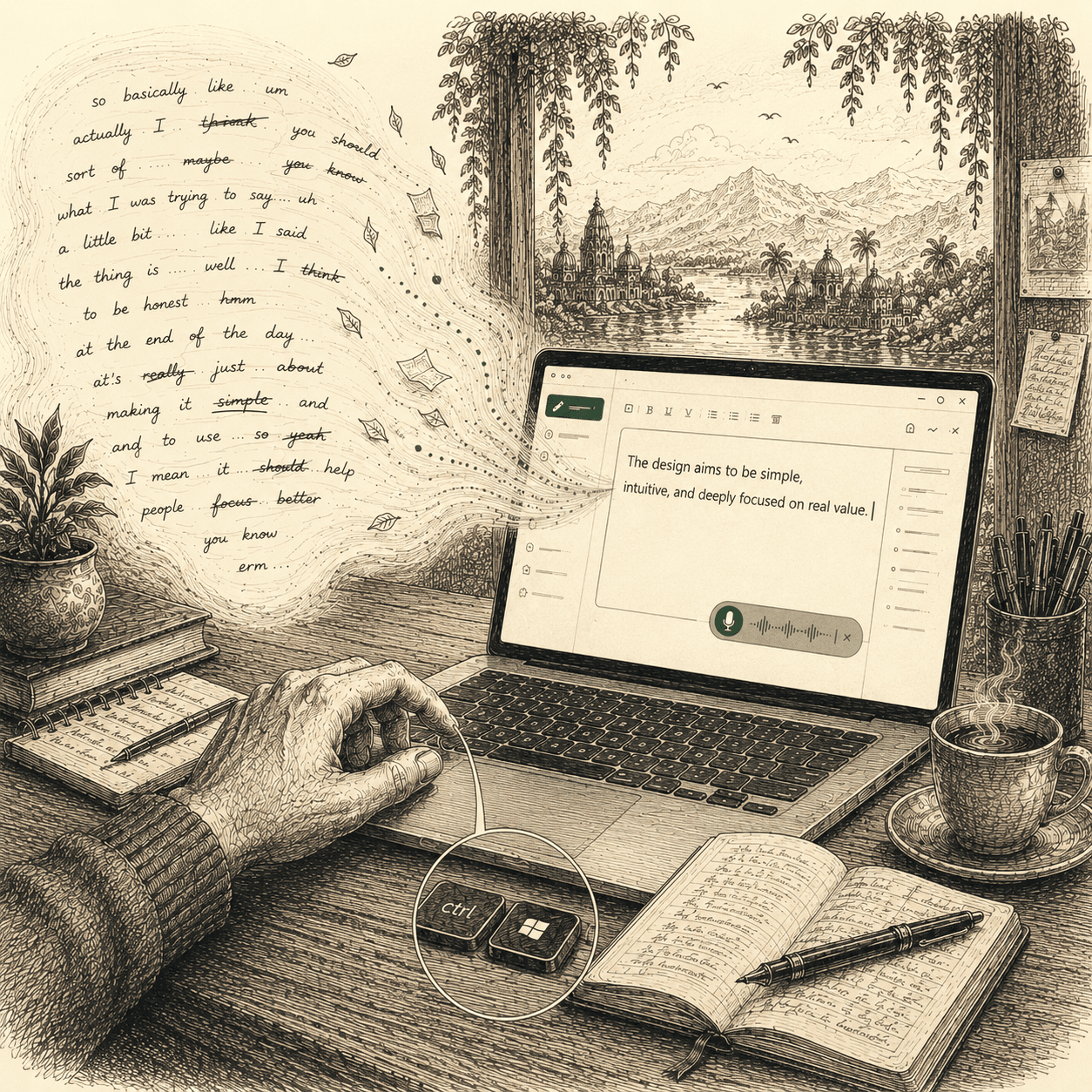 A hand on Ctrl+Win, a live waveform, and rough speech becoming a clean sentence on screen