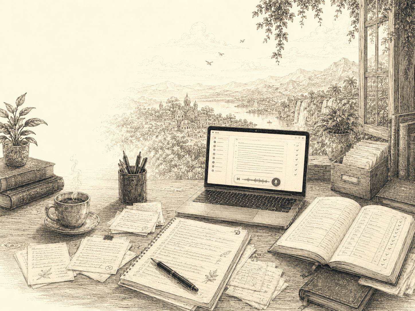 A desk of dictated notes with hand-marked corrections and checkmarks